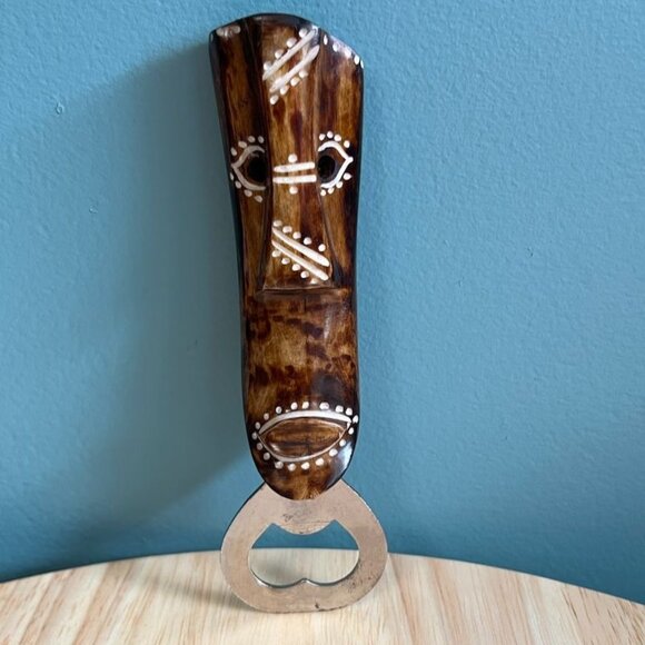 Vintage Carved Tribal Mask Face Bottle Opener Natural Handle & Metal Cap Remover - Picture 1 of 13
